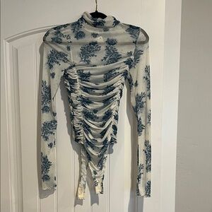 Free People Floral Ruched Bodysuit - Blue and Cream